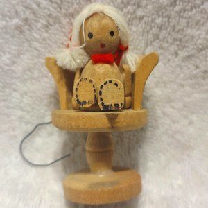 Vintage  wooden spool girl on chair Christmas ornament 1970s